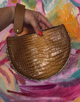 Arc Clutch: Pink Croc Print & Tan